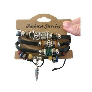 Beaded Owl Black Leather Bracelet Boho Bohemian Hippie